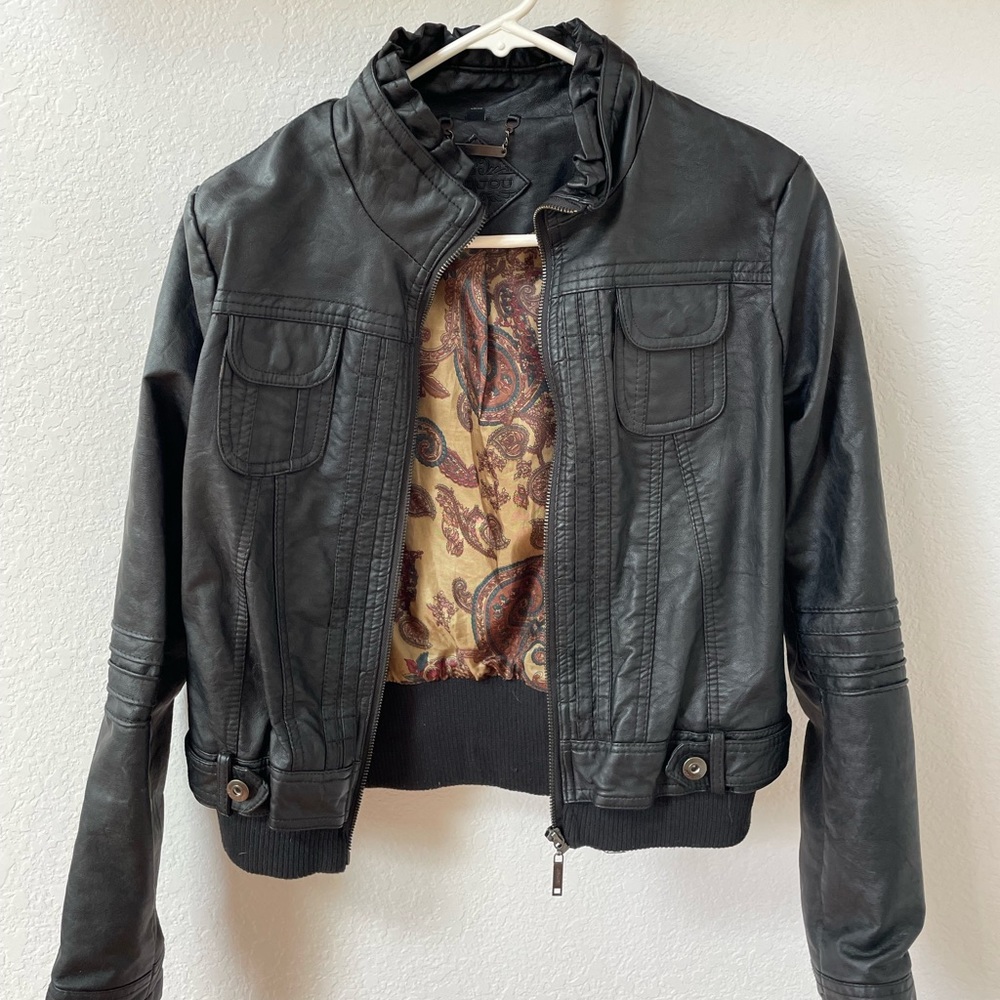 Joujou brand juniors black fauxleather jacket. Size small, like new